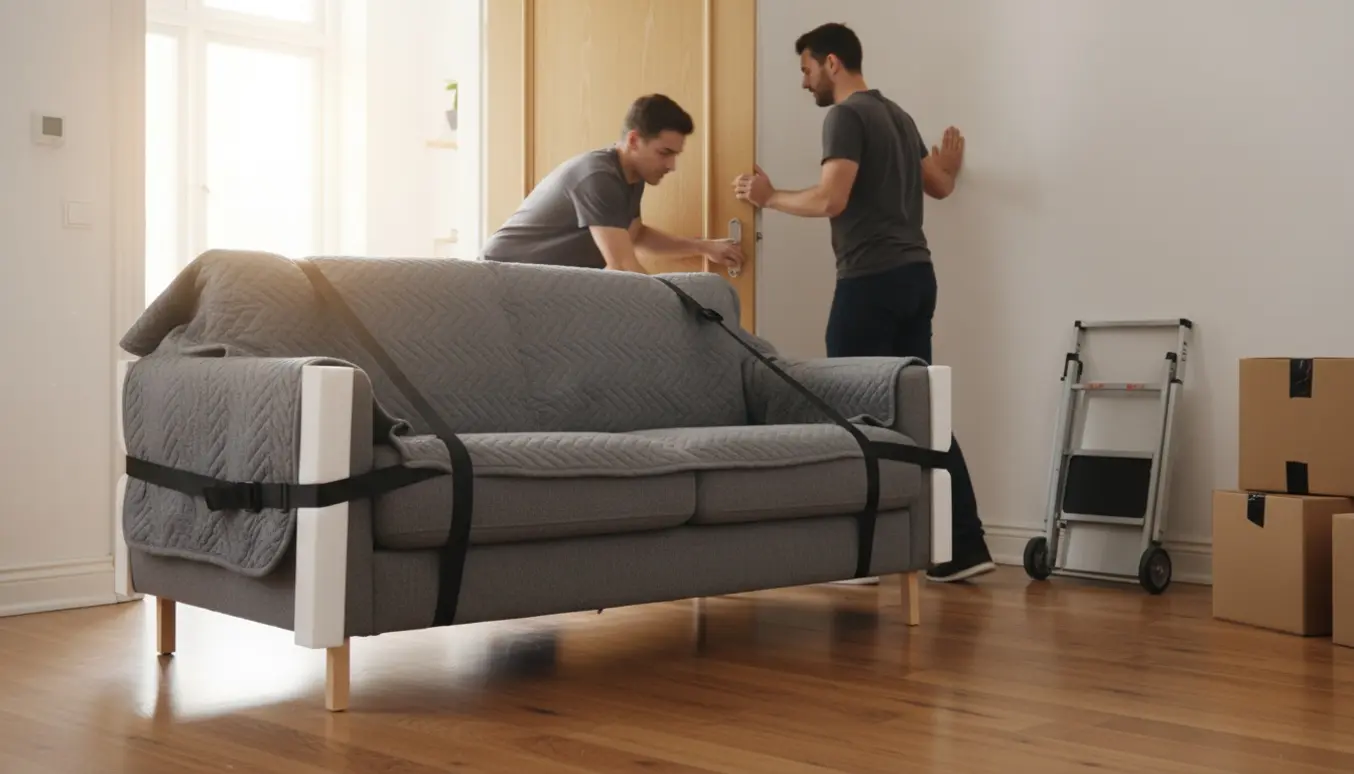 To personer løfter en bred to-personers sofa gennem en lejlighedsdør med flyttetæpper og hjørnebeskyttere.