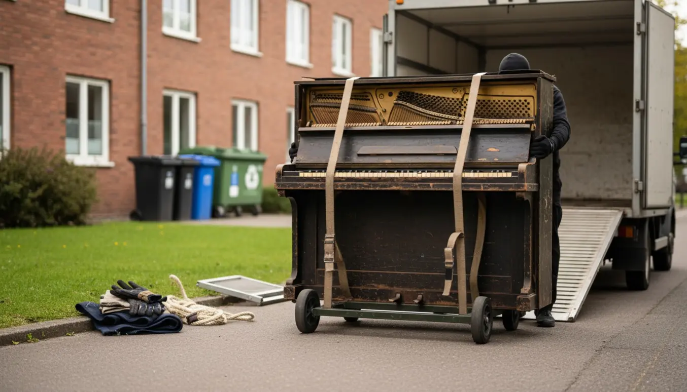 Et gammelt klaver på en tralle bæres mod en genbrugsstation af to personer med flytteseler.