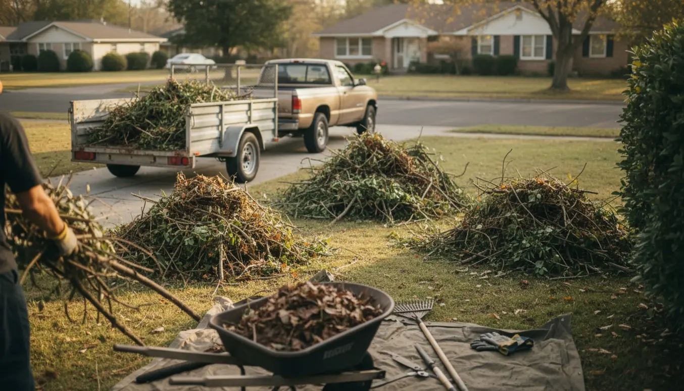 Handsker læsser grene på en trailer ved en stor og to mindre bunker haveaffald.