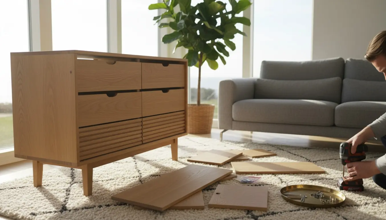 Hænder samler en kommode i en lys, skandinavisk salon med værktøj og trædele på gulvet.