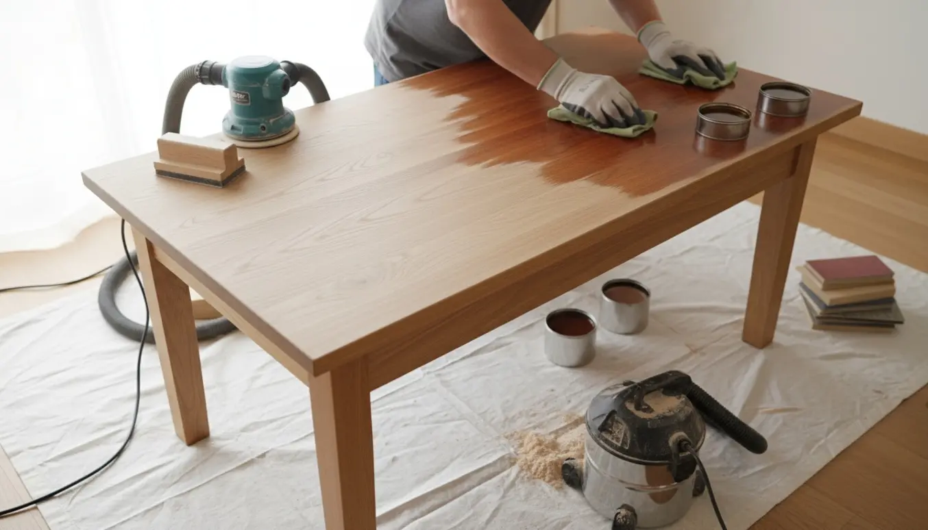 Halvvejs slebet egetræsbord med mahognifarvet olie påført og værktøj på et rent underlag.