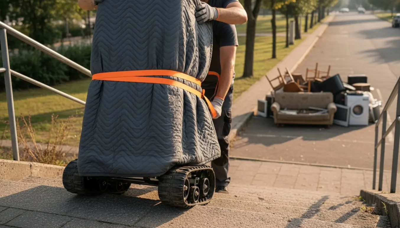 To personer bærer et stort køleskab ned ad en udendørs trappe mod storskraldsområdet.