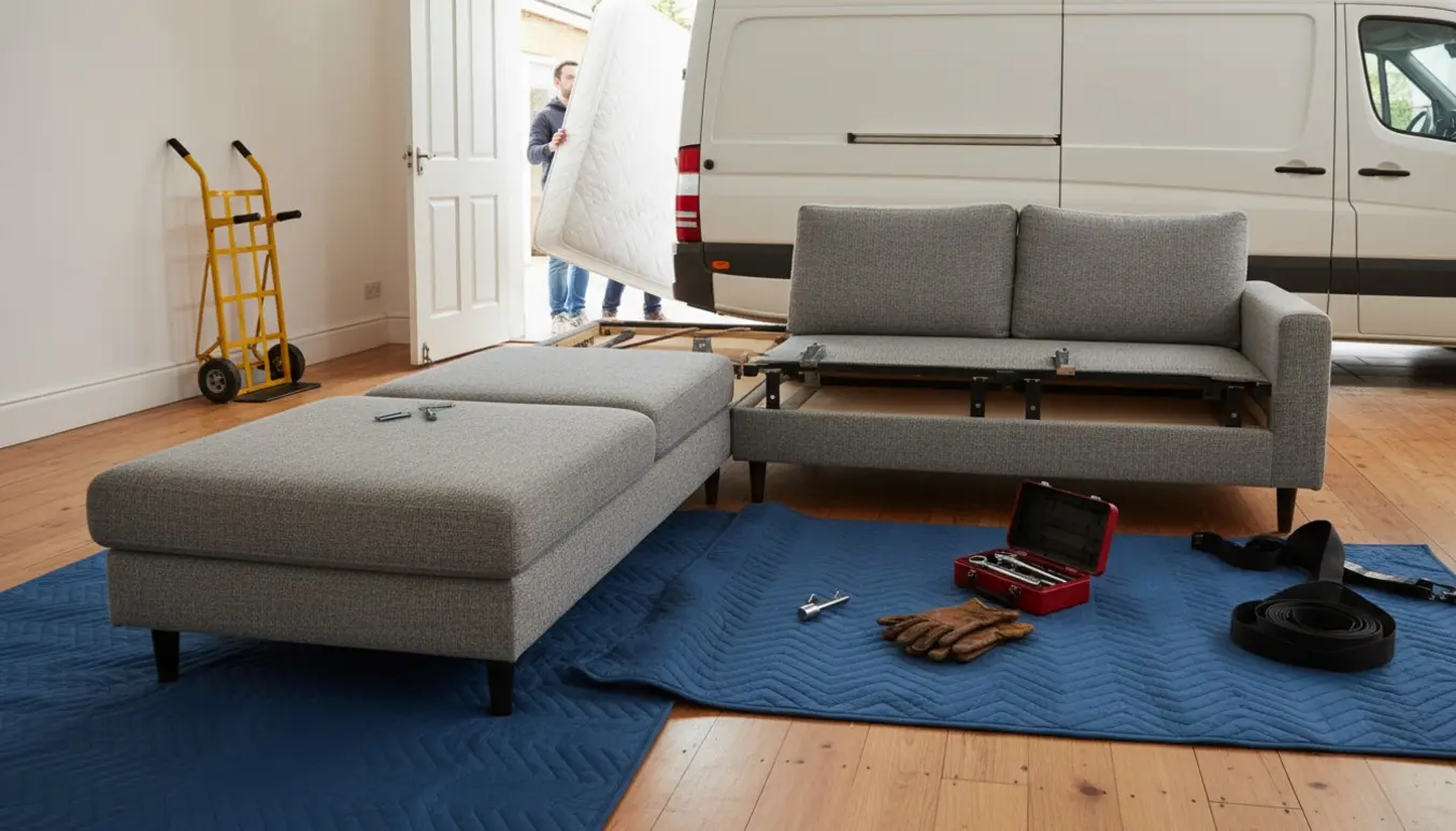 Dobbeltseng og delvist adskilt chaiselong bæres ud fra en stue mod en hvid varevogn.