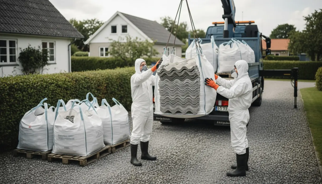 Kranbil løfter forseglede bigbags med eternit (asbest) ved en villavej, mens arbejdstagere i beskyttelsesdragter guider dem.