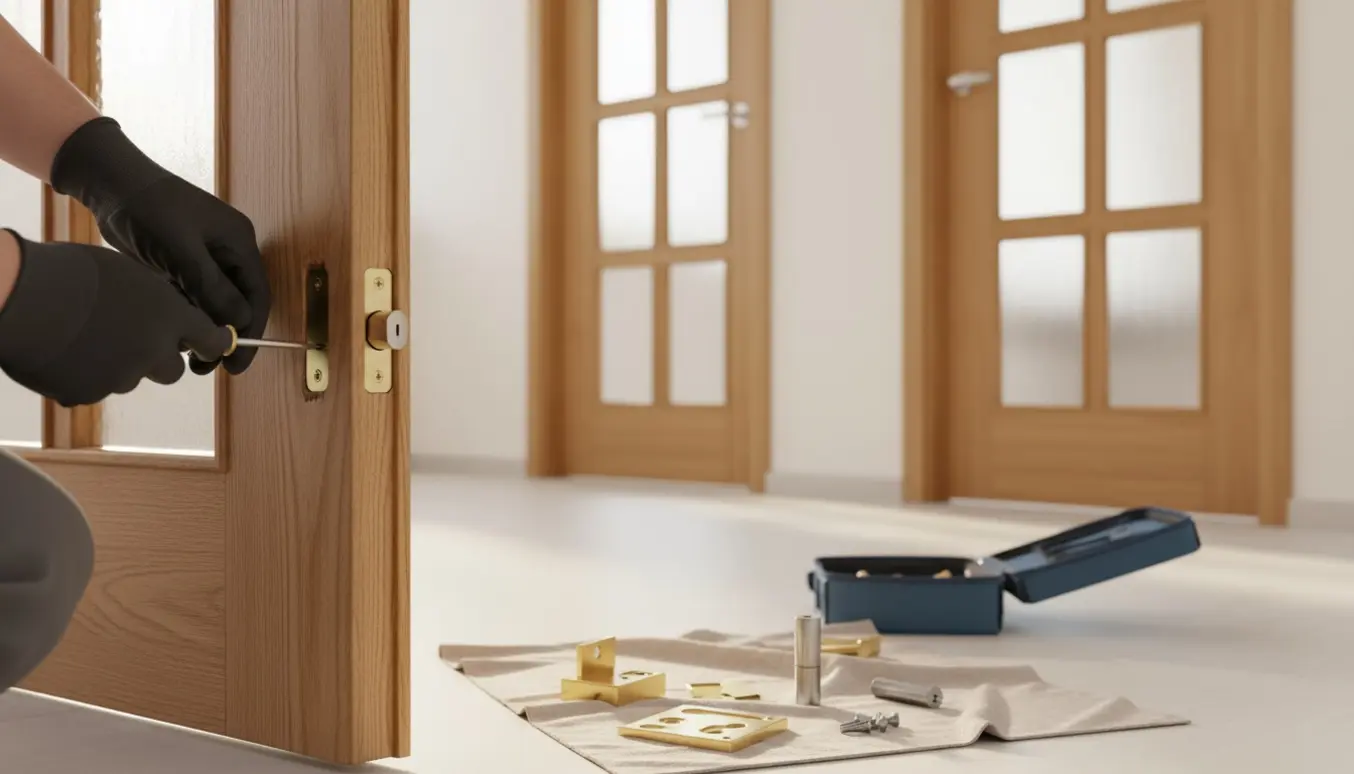 Hænder, der udskifter en papegøjelås i en trædør med to glasruder, værktøj ved siden af.