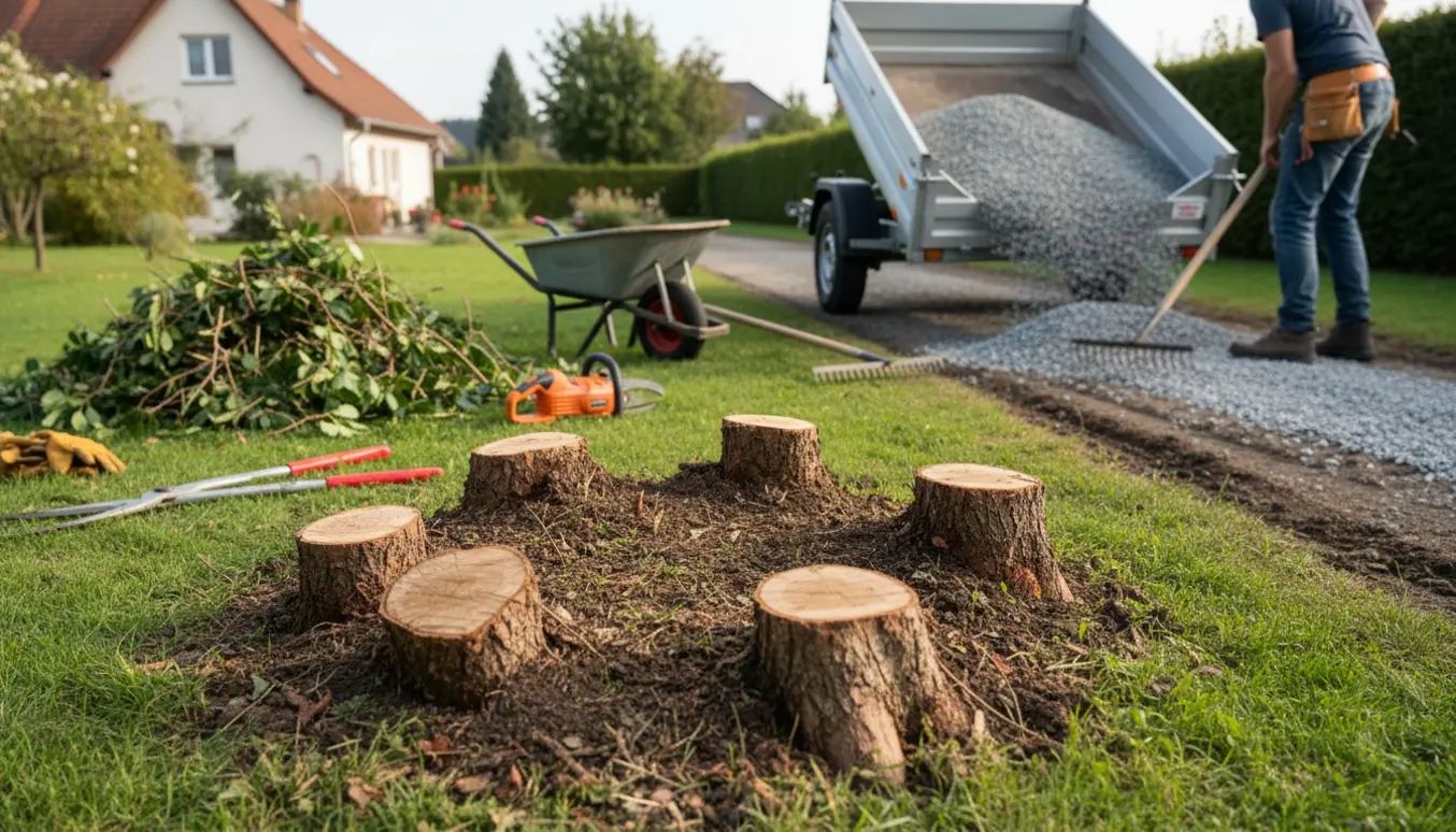 Nyklippede buskestubber og håndværker, der lægger småsten fra en halvvogn på en indkørsel med dybe spor.
