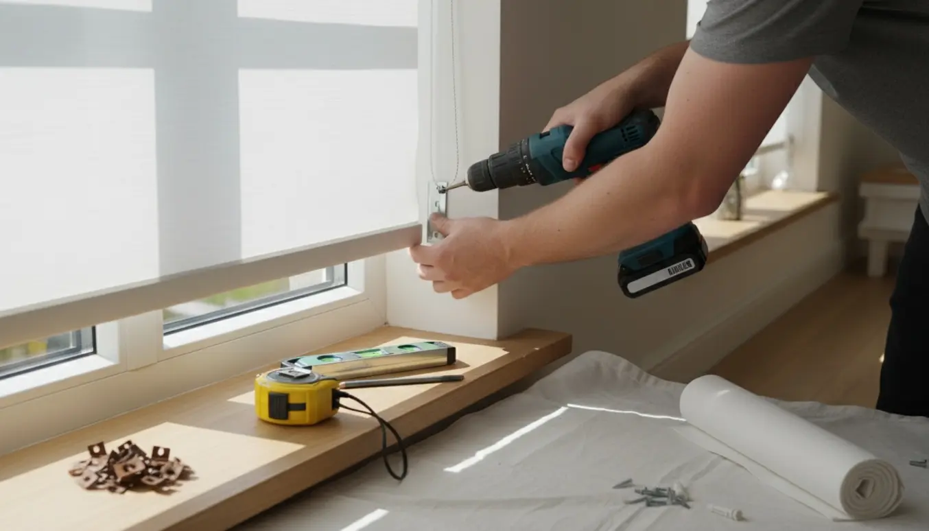 Installering af nye rullegardiner ved et vindue med værktøj og gamle beslag ved siden af.