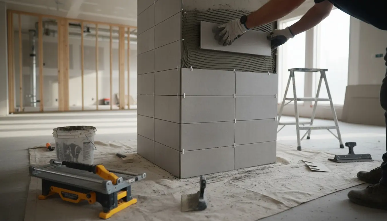 Nærbillede af en skorstenssøjle i nybyggeri, hvor håndværkerens hænder sætter keramiske fliser med mørtel og flisekryds.