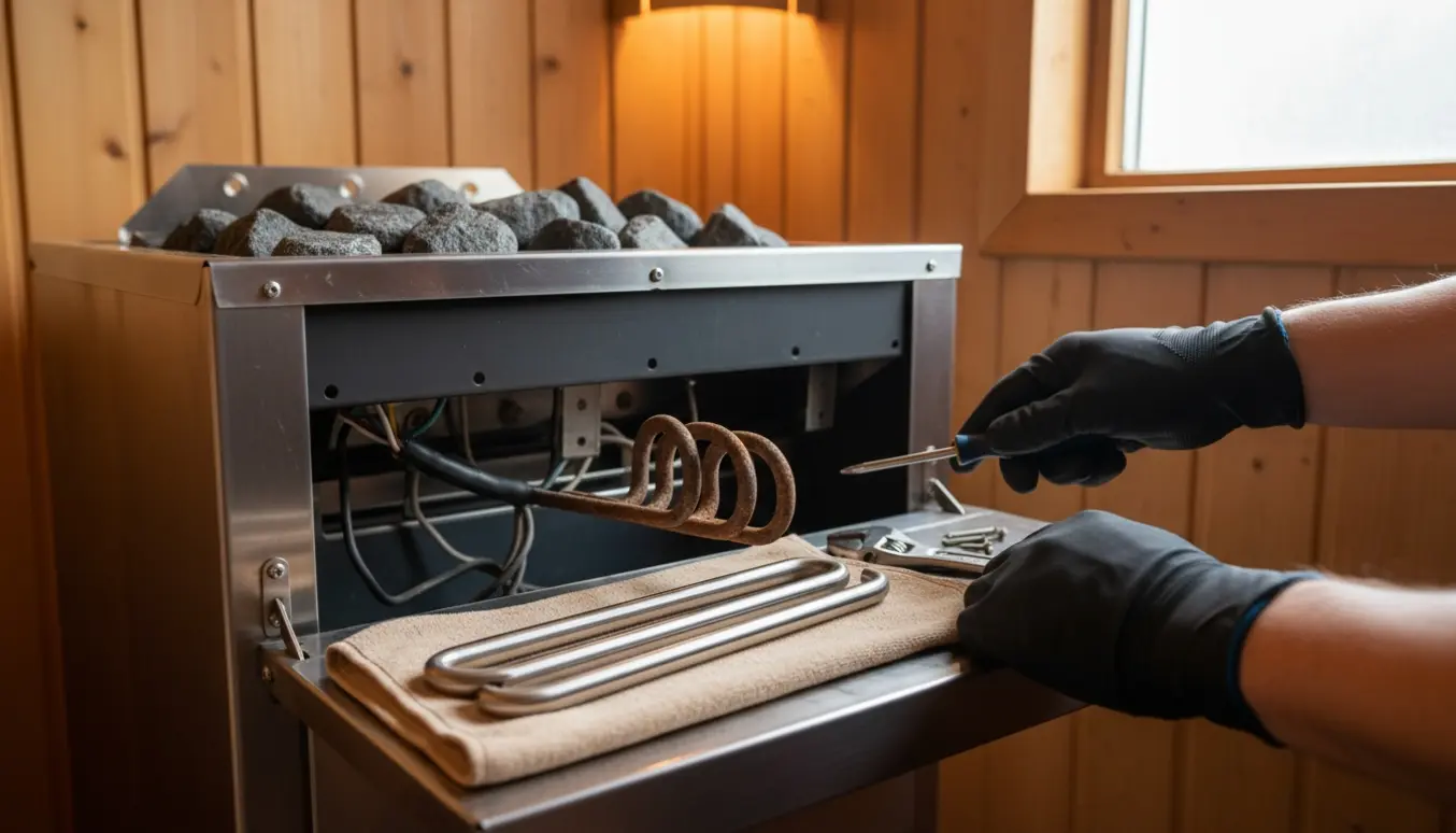 Nærbillede af udskiftning af tre varmelegemer i en saunaovn med værktøj og nye elementer ved siden af.