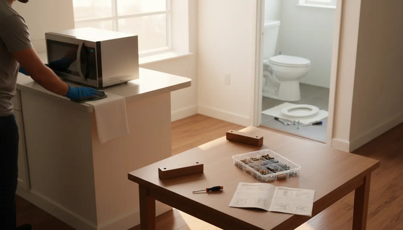 Oversigt over samling af et lille bord, flytning af mikroovn og udskiftning af toiletsæde i en lejlighed.