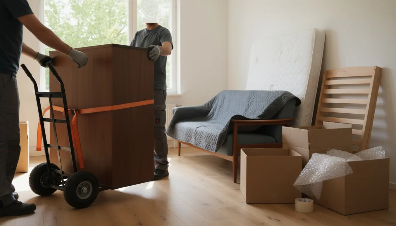 Rydning af dødsbo i en lys toværelses lejlighed med møbler, flyttekasser og flyttekarren i fokus.
