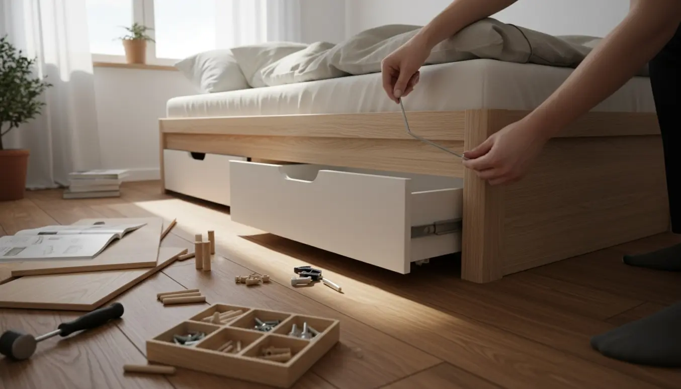 Nærbillede af hænder, der justerer en skæv daybed med udtræksskuffer og værktøj i et lyst soveværelse.
