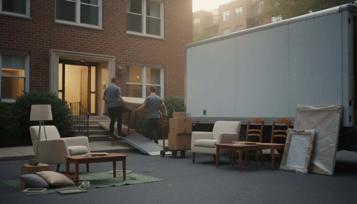 To flyttemænd læsser lænestole, spisebordsstole, rundt bord og indpakkede malerier ind i en varevogn ved en boligindgang.