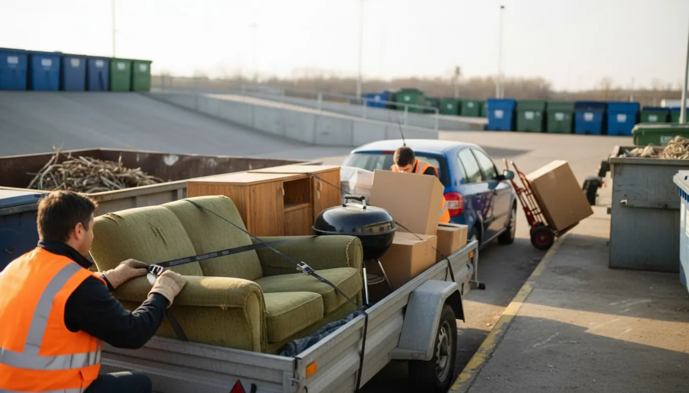 Bil med trailer ved genbrugsplads, folk set bagfra læsser og sikrer sofa, skabe og grill.
