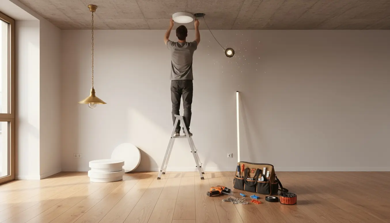 Installatør på stige monterer forskellige lamper i en lejligheds betontag med værktøj og materialer.