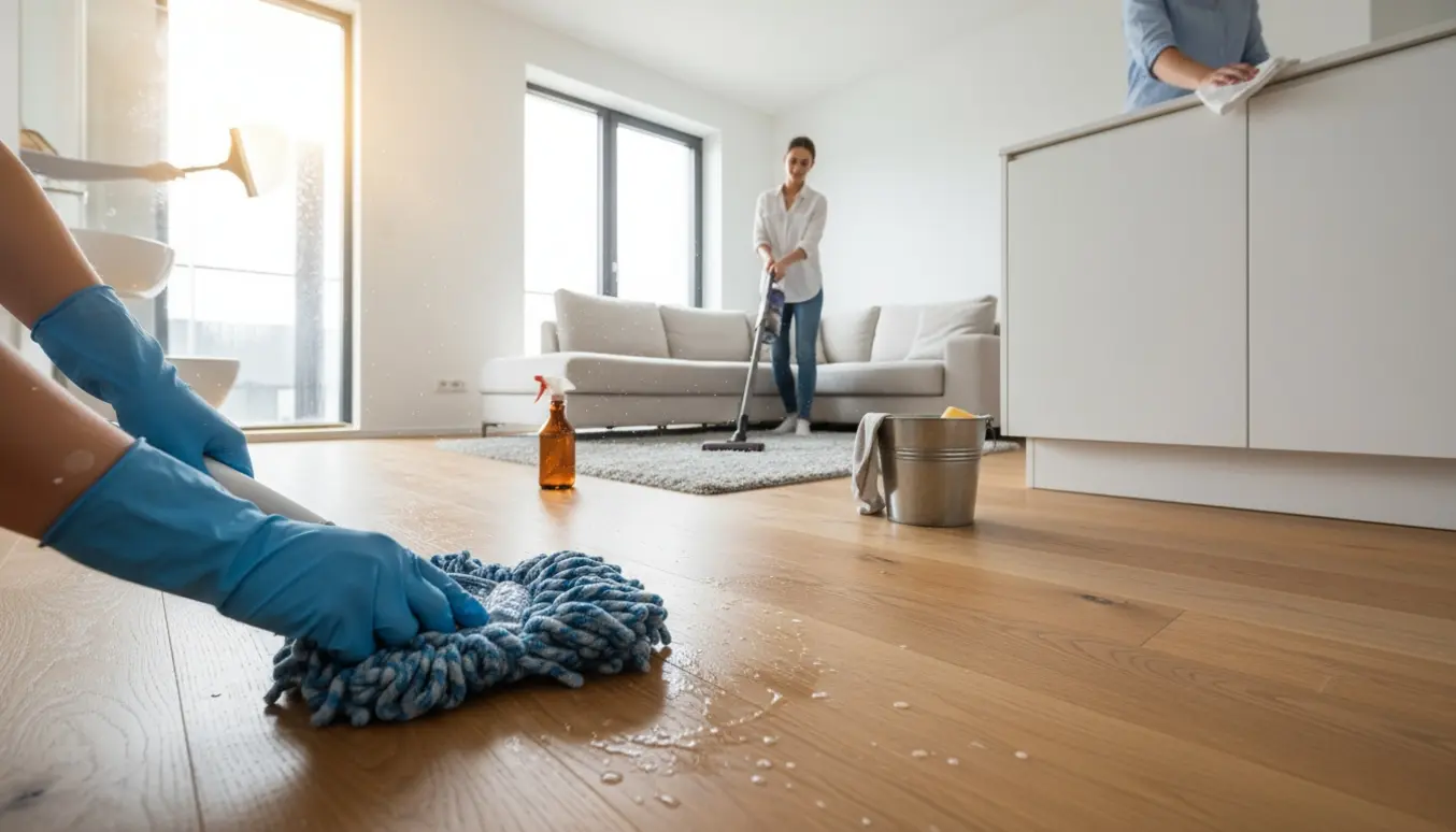 Rengøringsscene i lys lejlighed med moppe på trægulv, støvsugning af sofa og aftørring af køkkenoverflader.