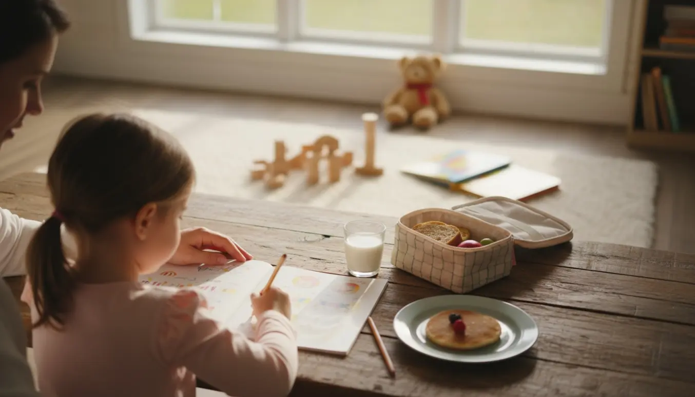 Solfyldt hjemmemiljø med en 5-årig pige set bagfra ved et bord med lektier, morgenmad og legetøj, mens en voksen hjælper med hænderne.
