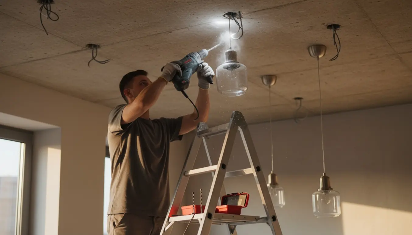 En person på en stige borer huller i et betonloft til to lamper med værktøj og fint støv i luften.