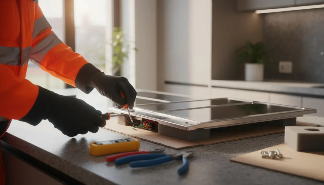 Elektriker i handsker frakobler en defekt kogeplade i et moderne køkken, mens en ny kogeplade ligger klar på bordet.