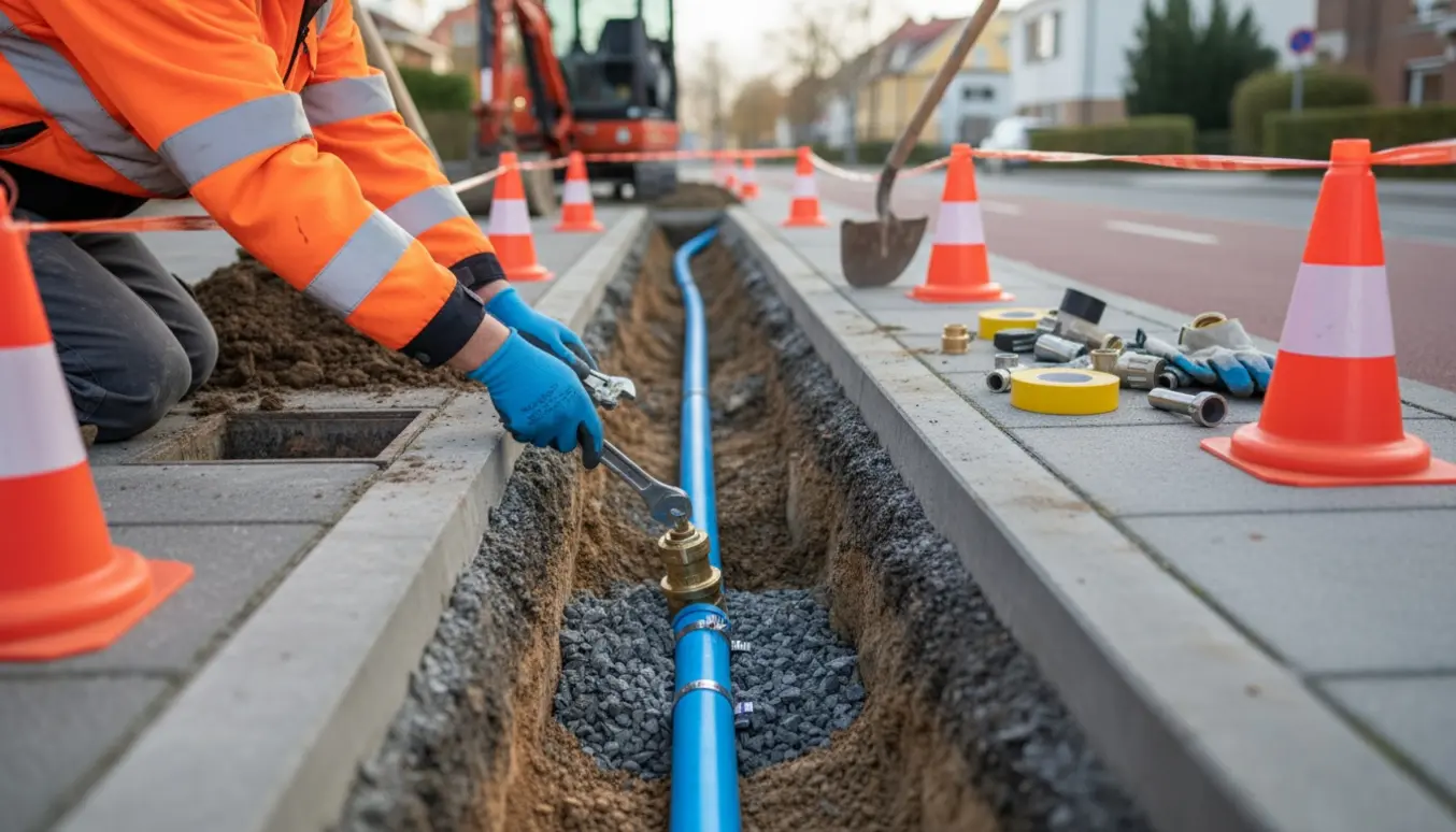 Gravning af en ca. 3 meter tranché fra stophane på cykelstien til ejendom med blå vandledning, kegler og værktøj.