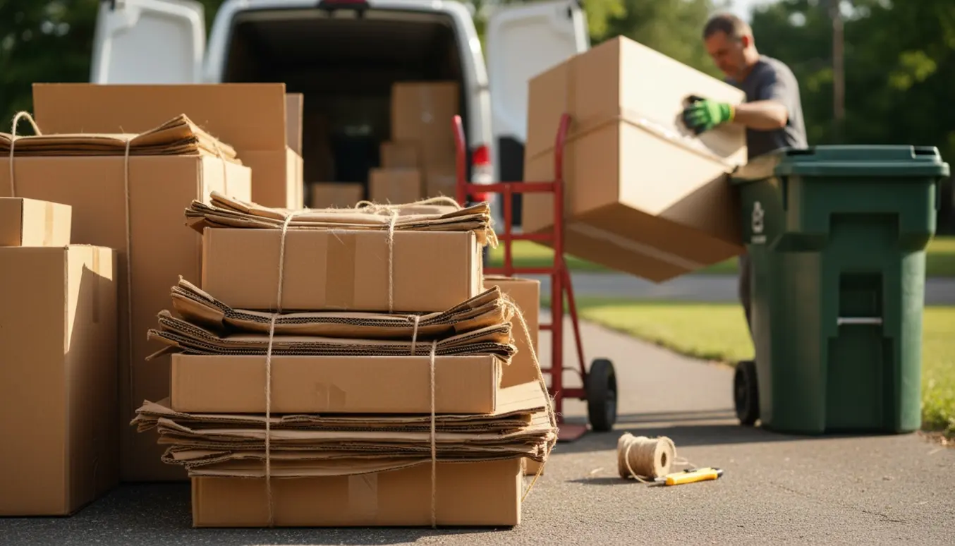 Fladtrykte papkasser i forskellige størrelser stablet på en indkørsel klar til afhentning.