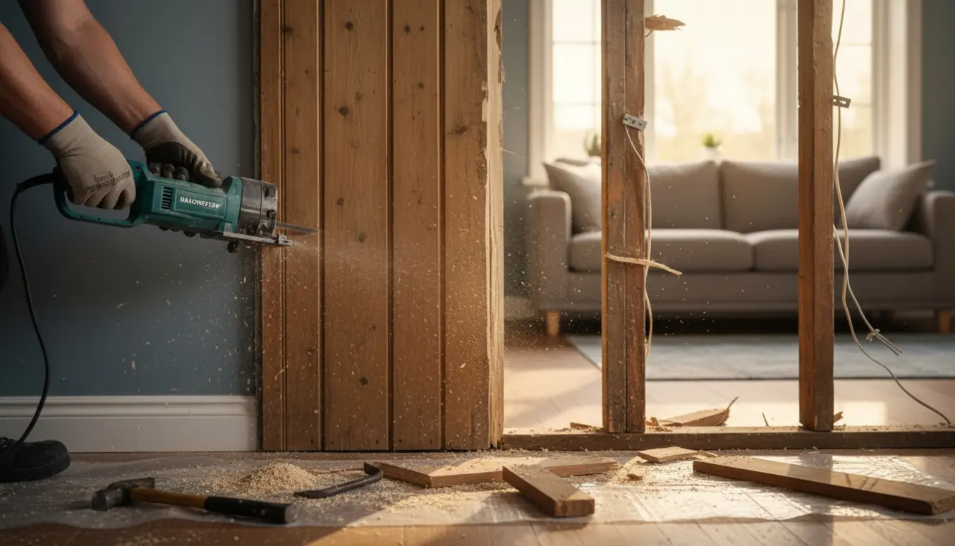 Delvist nedrevet trævæg med bajonetsav, værktøj og savsmuld i et indendørs rum.