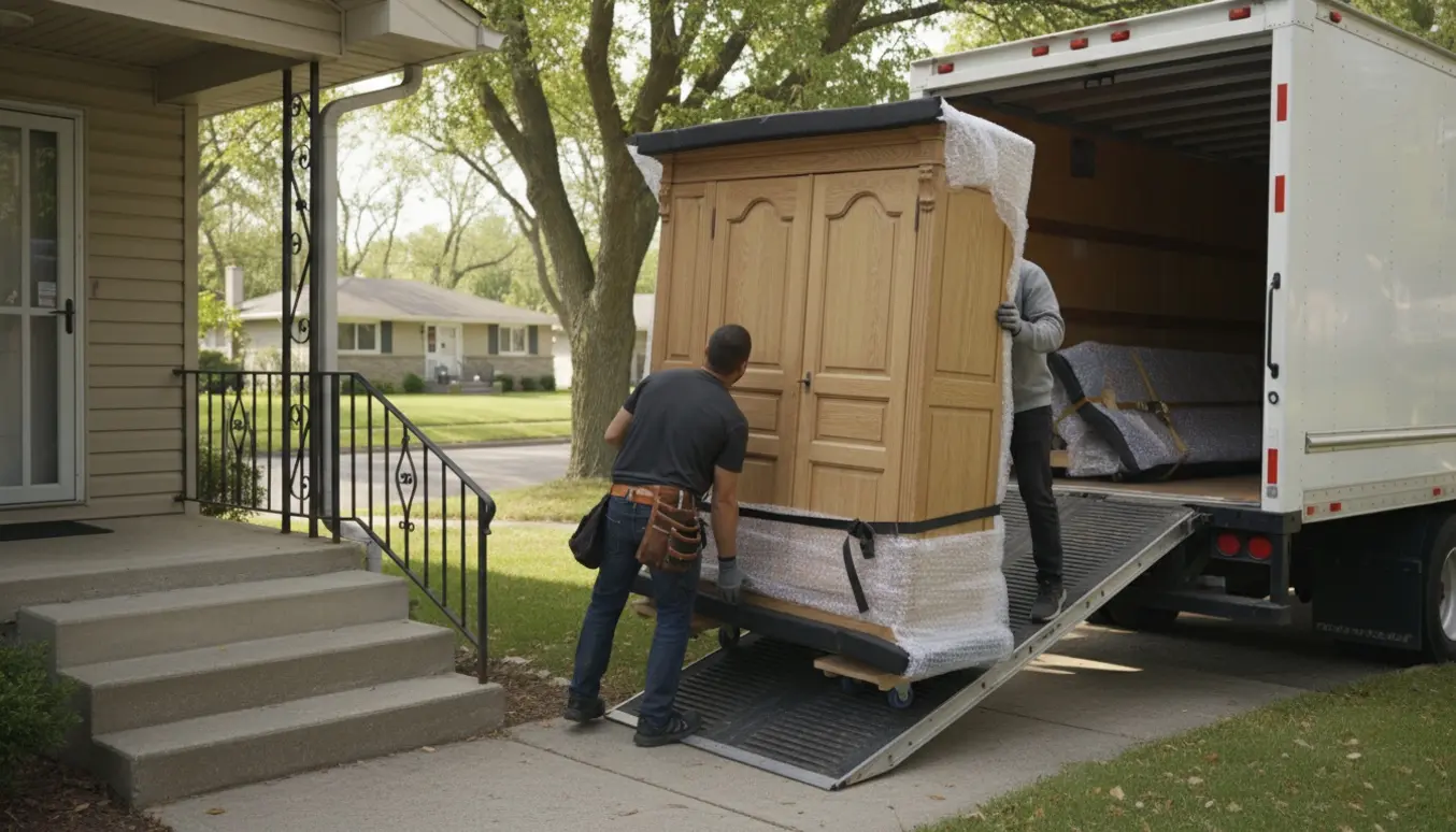 Et skab løftes fra et etplanshus med to trappetrin og læsses i en varevogn klar til transport.