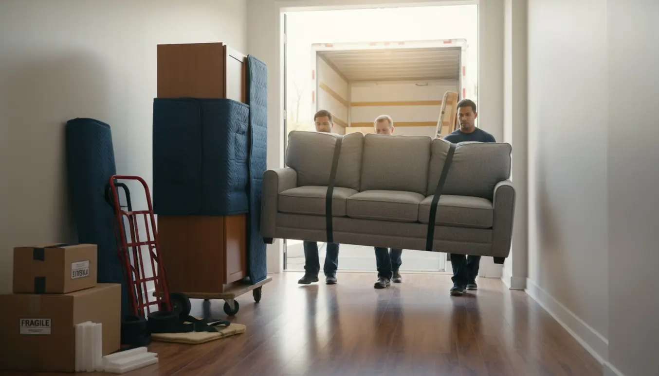 Flyttefolk bærer en 3-personers sofa og indpakkede skabe ud gennem en lys opgang mod en åben flyttebil.