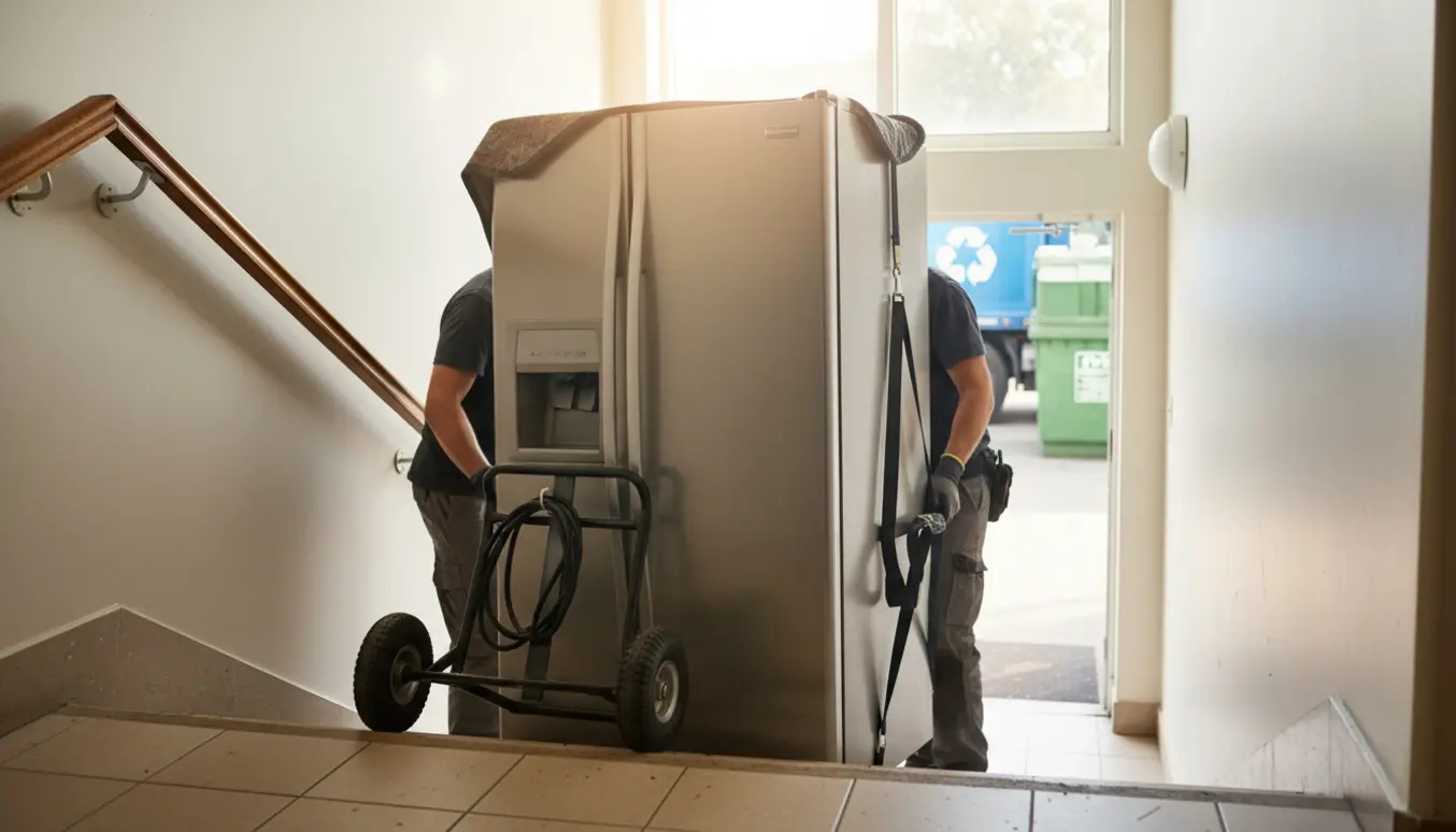 Et frakoblet køle-/fryseskab bæres ned ad en smal trappe mod en ventende container på genbrugspladsen.