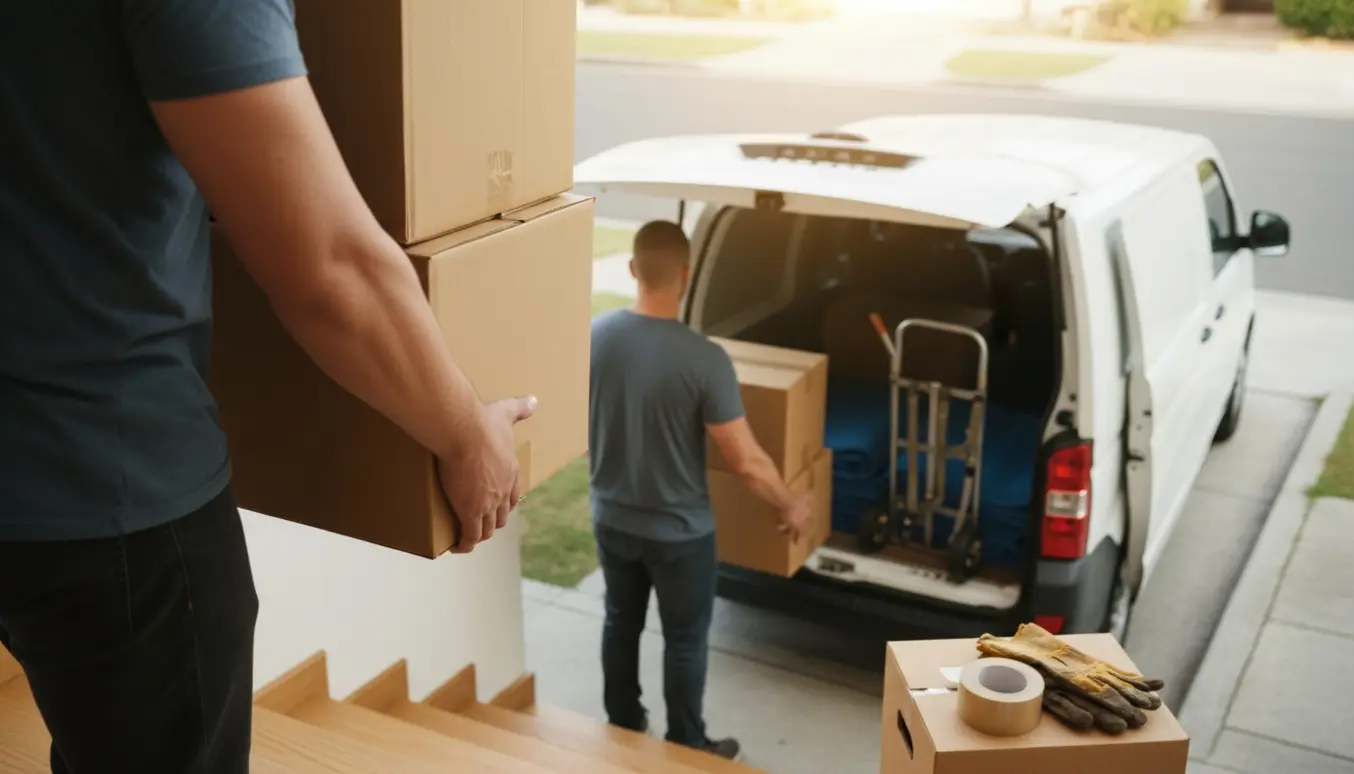 To hjælpere bærer flyttekasser ned ad en opgang mod en åben flyttebil med dolly og flyttetæpper.