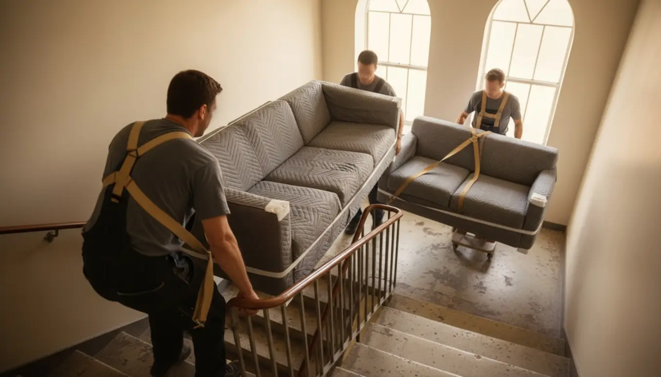 Modulsofa i fem dele bæres op ad en opgang af flyttefolk med beskyttelsestæpper og stropper.