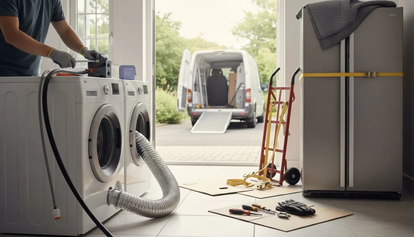 Afmontering af vaskemaskine, tørretumbler og køle/fryseskab klar til afhentning ved åben dør.