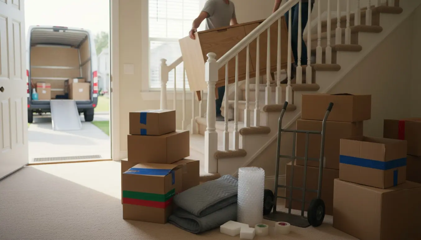 To personer bærer en lys trækommode op ad en trappe med flyttekasser og flyttetæpper rundt om.