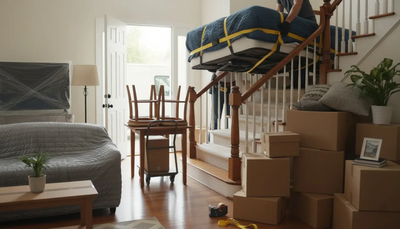 Flyttere bærer en stor elevationsseng ned ad trappen med sofa, spisebord, tv og stabler af flyttekasser i entréen.