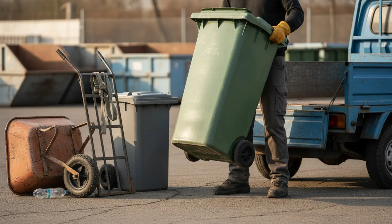 To gamle skraldebeholdere læsses i en varevogn ved en containerplads på en solrig formiddag.