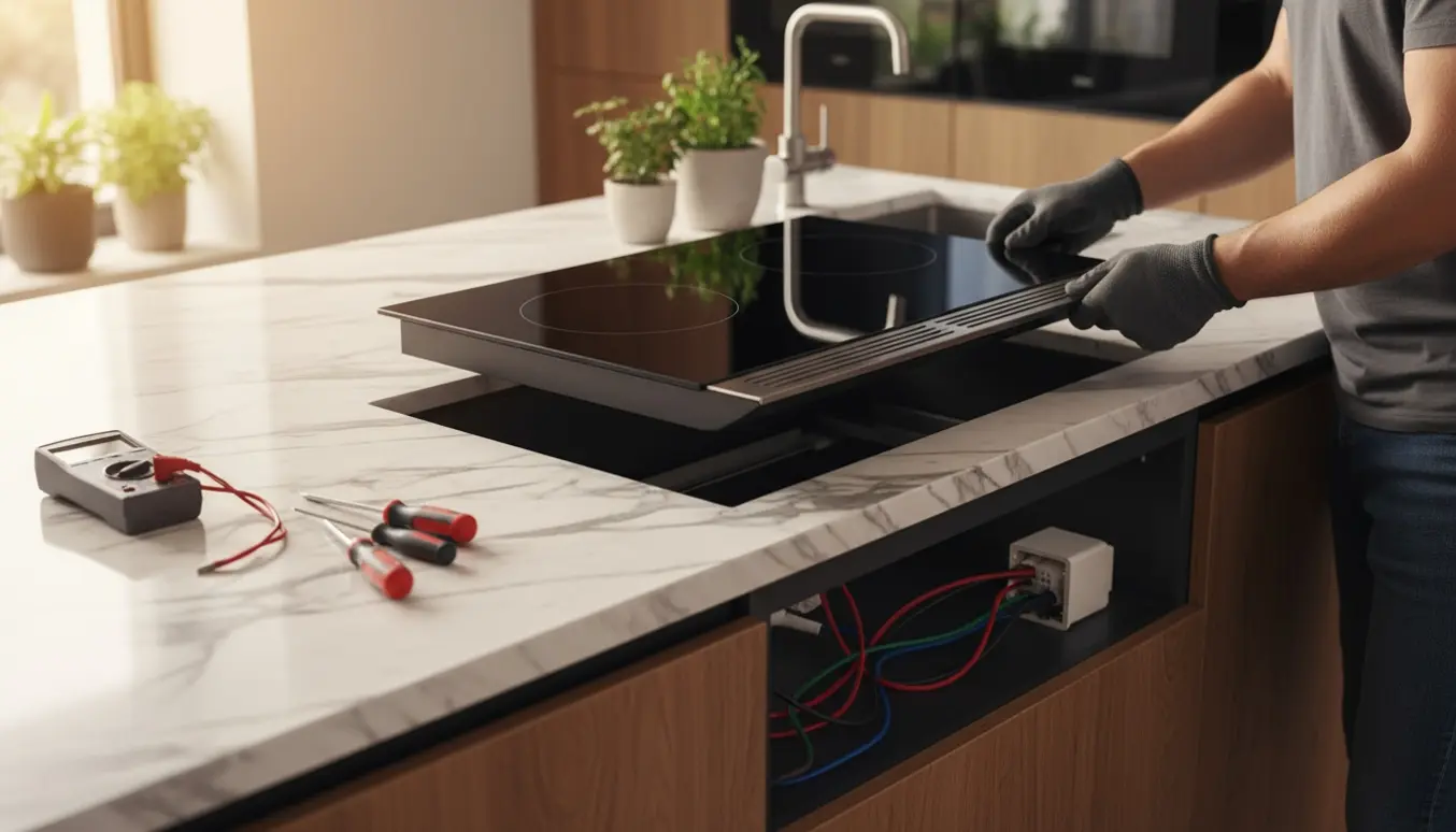Autoriseret elektriker monterer en 80 cm induktionskogeplade med integreret emfang i en køkkenø.