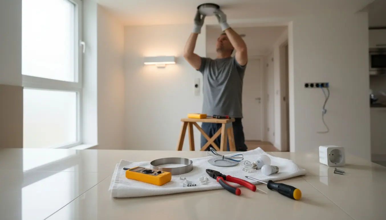 Hænder på en stige udskifter et indbygget spot i badeværelset, med værktøj, to lamper og et køkkenudtag klar til montering.