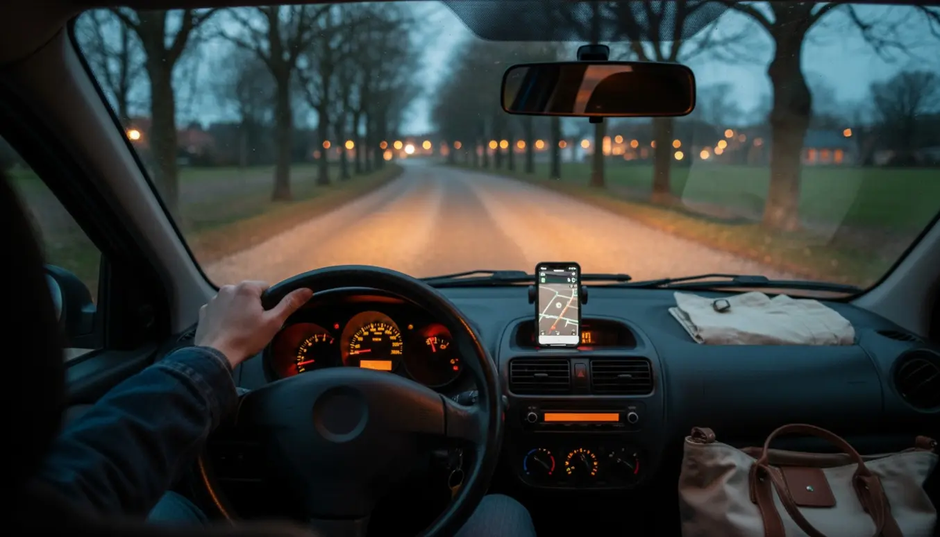 Ratt og passagersæde i en bil parkeret ved landevej i skumring, klar til køretur til nærmeste by.