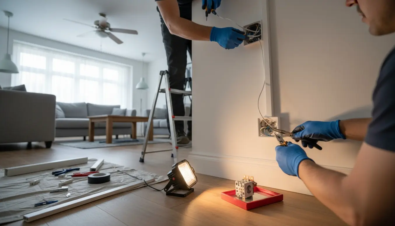 Hænder organiserer ledninger fra loftlampe og ventilator og reparerer en stikkontakt i en lys stue.