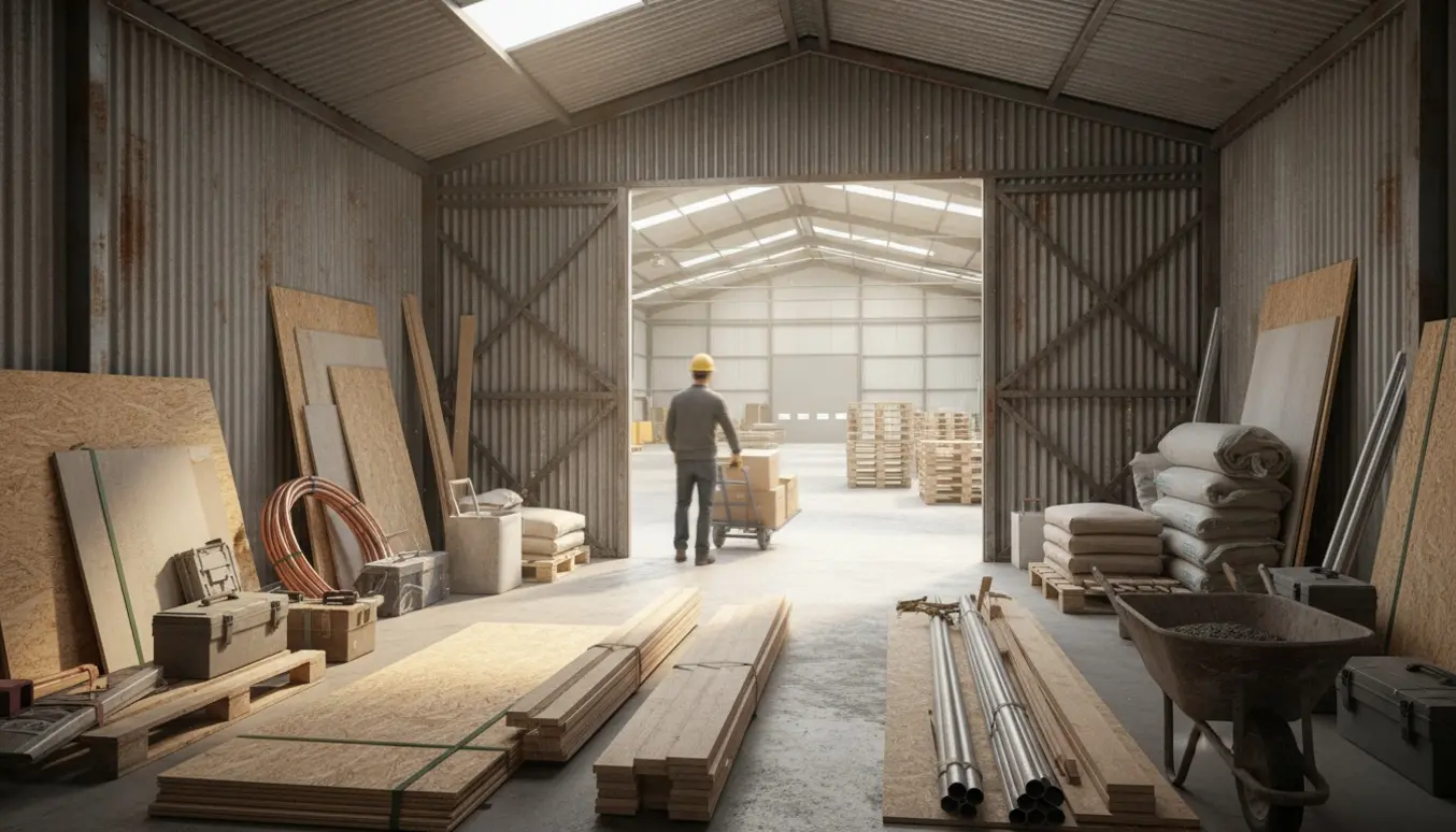 Et metalskur fyldt med byggematerialer, hvor personer flytter materialer over i en nærliggende hal.