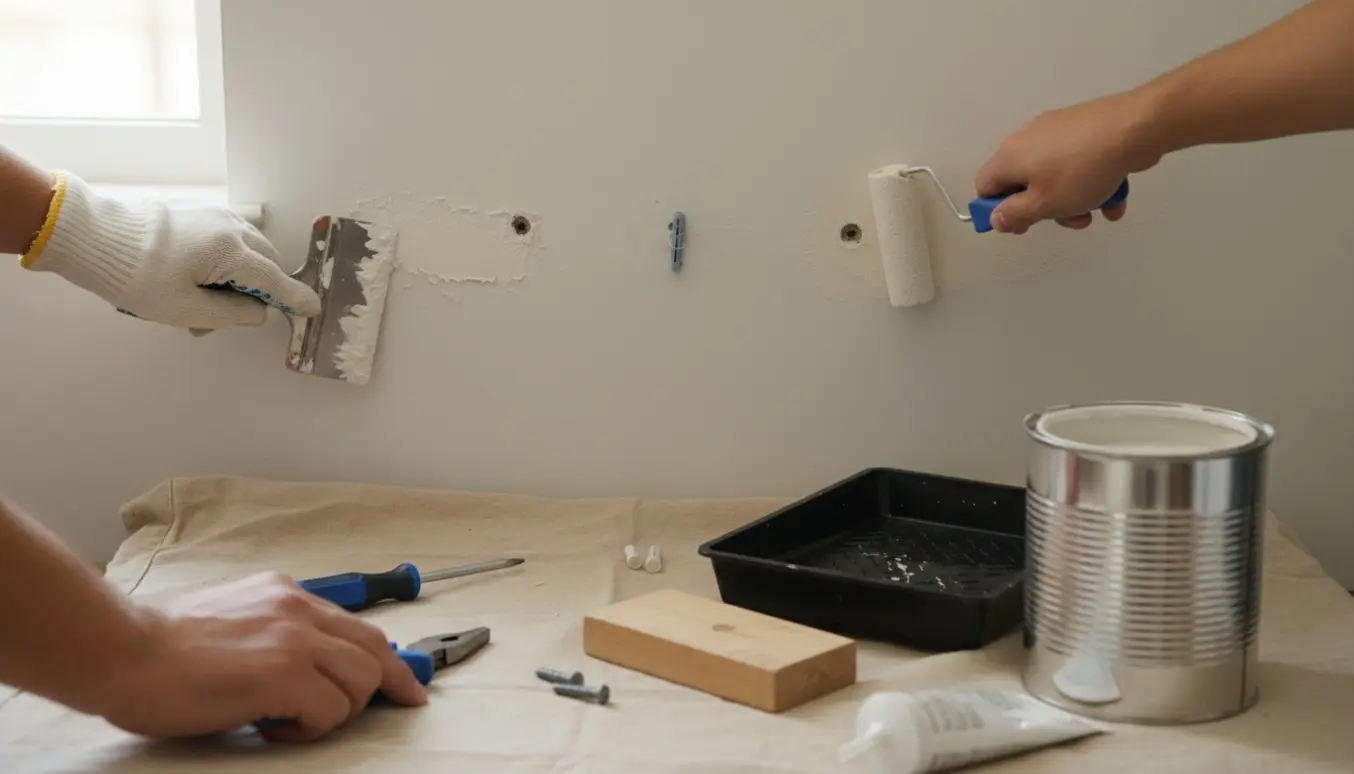 Nærbillede af hænder, der fylder huller i væg med spartelmasse og maler over.