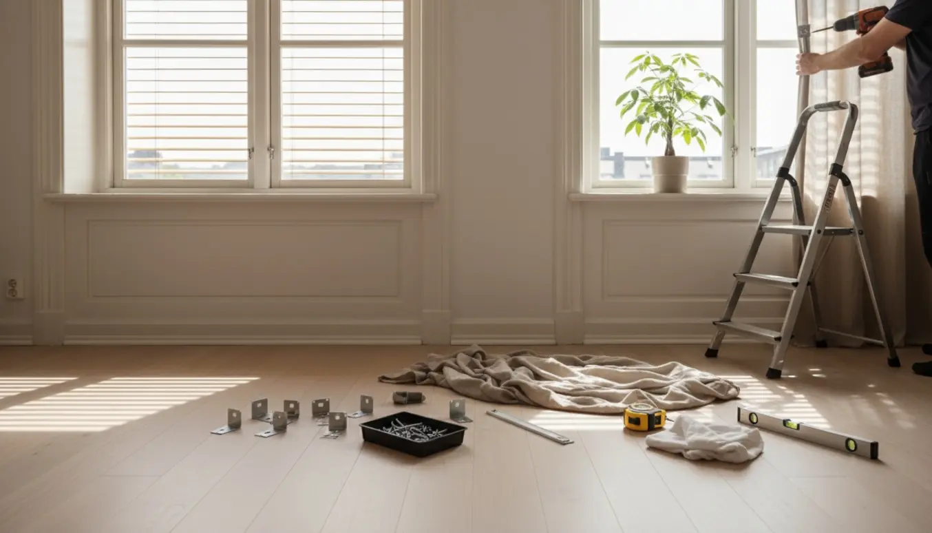 Opsætning af persienner og gardiner i to vinduer i en lys, skandinavisk lejlighed.