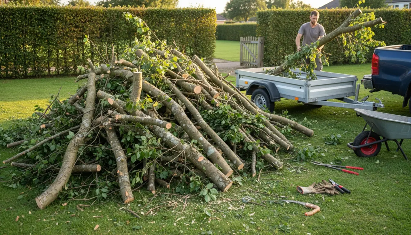 Stor bunke beskårne bøgegrene ved en åben trailer i en solrig have, klar til afhentning.