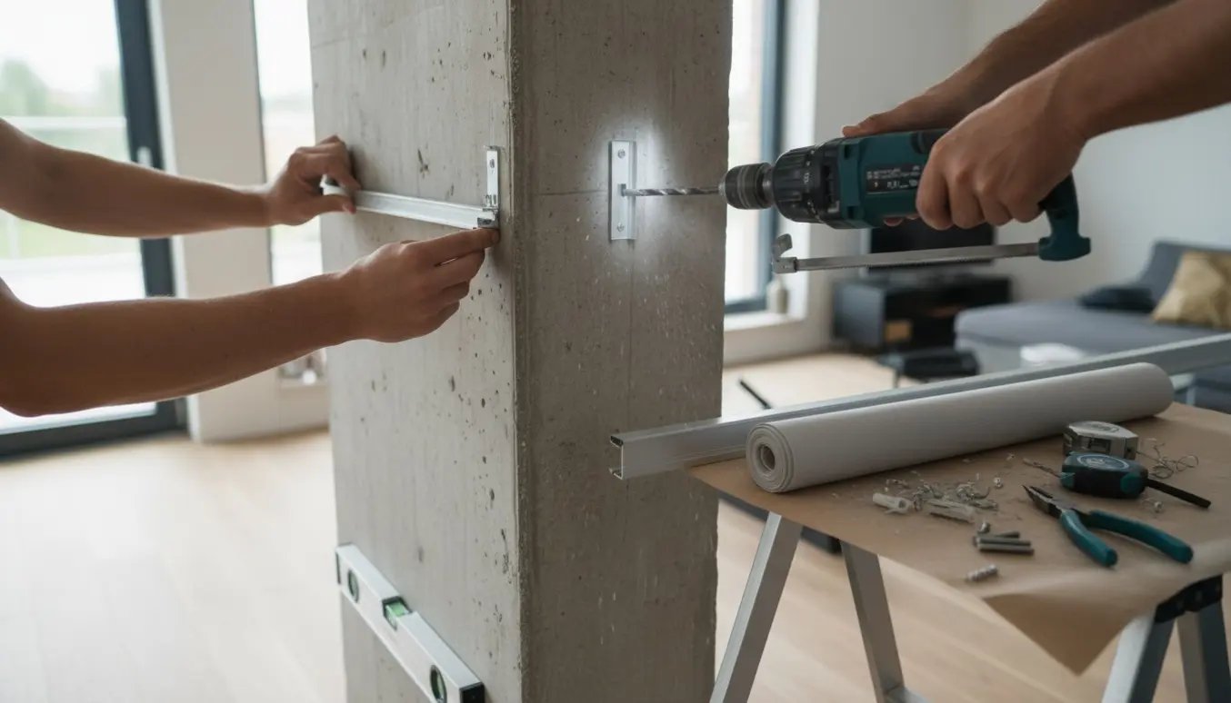 Montering af gardinstang og rullegardin på en betonvæg med boremaskine og værktøj.