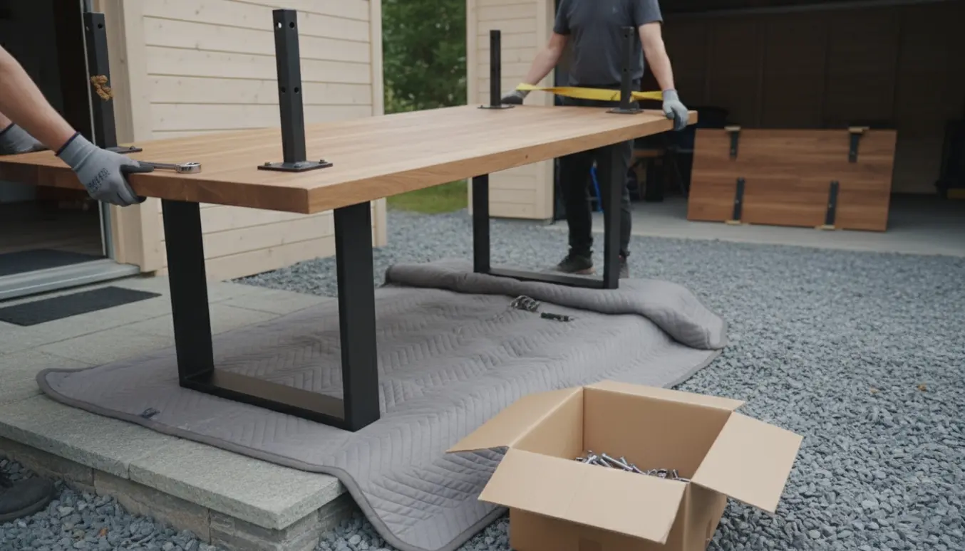 Et tungt spisebord ligger på et flyttetæppe ved hoveddøren, benene er afmonteret, og to personer uden synlige ansigter bærer bordet over en grusindkørsel mod carporten.