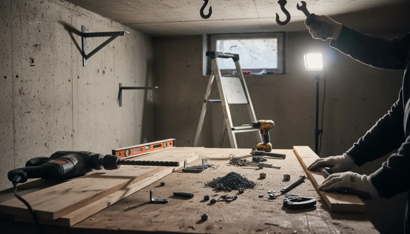 Hænders montering af en loftkrog i en kælder med bor, hylder og værktøj på et arbejdsbord.