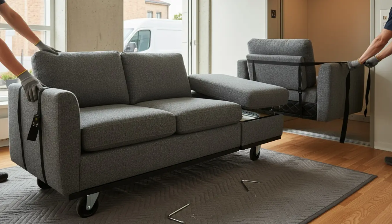 Halvt adskilt sofa på flyttevogn foran en åben elevator, klar til at blive flyttet op til anden sal.