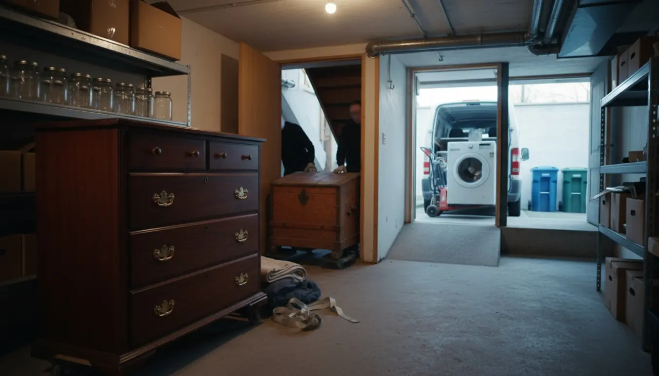 Mahognikommode og dragkiste flyttes mellem to kælderrum, mens en udtjent vaskemaskine læsset ind i en varebil.