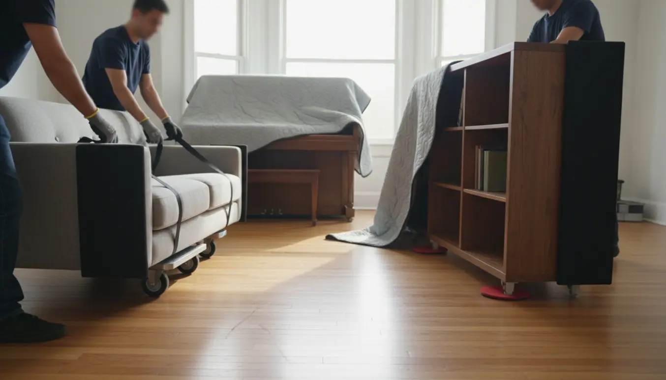 Flyttemænd bruger dolly, løftestropper og flyttetæpper til at flytte sofa og kommode i en lys lejlighed uden tydelige ansigter.