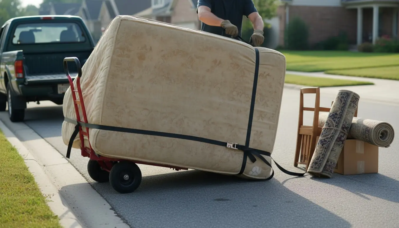 En stor boxmadras ved fortovet bliver fastgjort og klargjort til storskrald.
